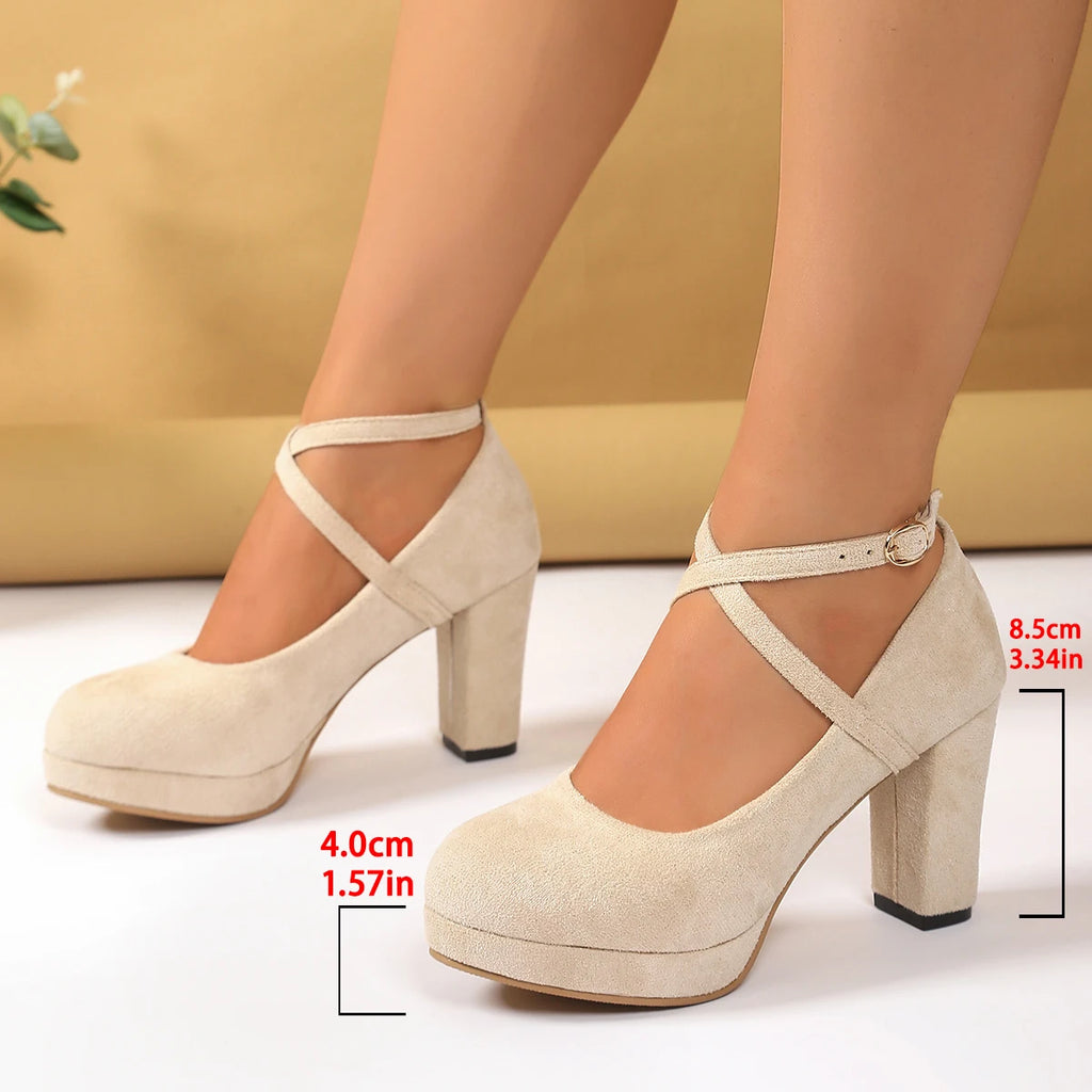 Women Shoes on Heels Women Platform Pumps Spring Summer Shallow Cross Strap Buckle Shoes Round Toe Shoes for Women High Heels