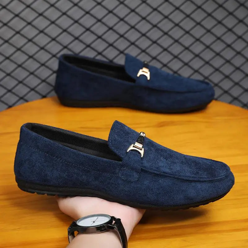 Spring Summer Blue Suede Loafers Men Slip On Soft Moccasins Breathable Flats Driving Shoes Men Leather Casual Shoes Handmade