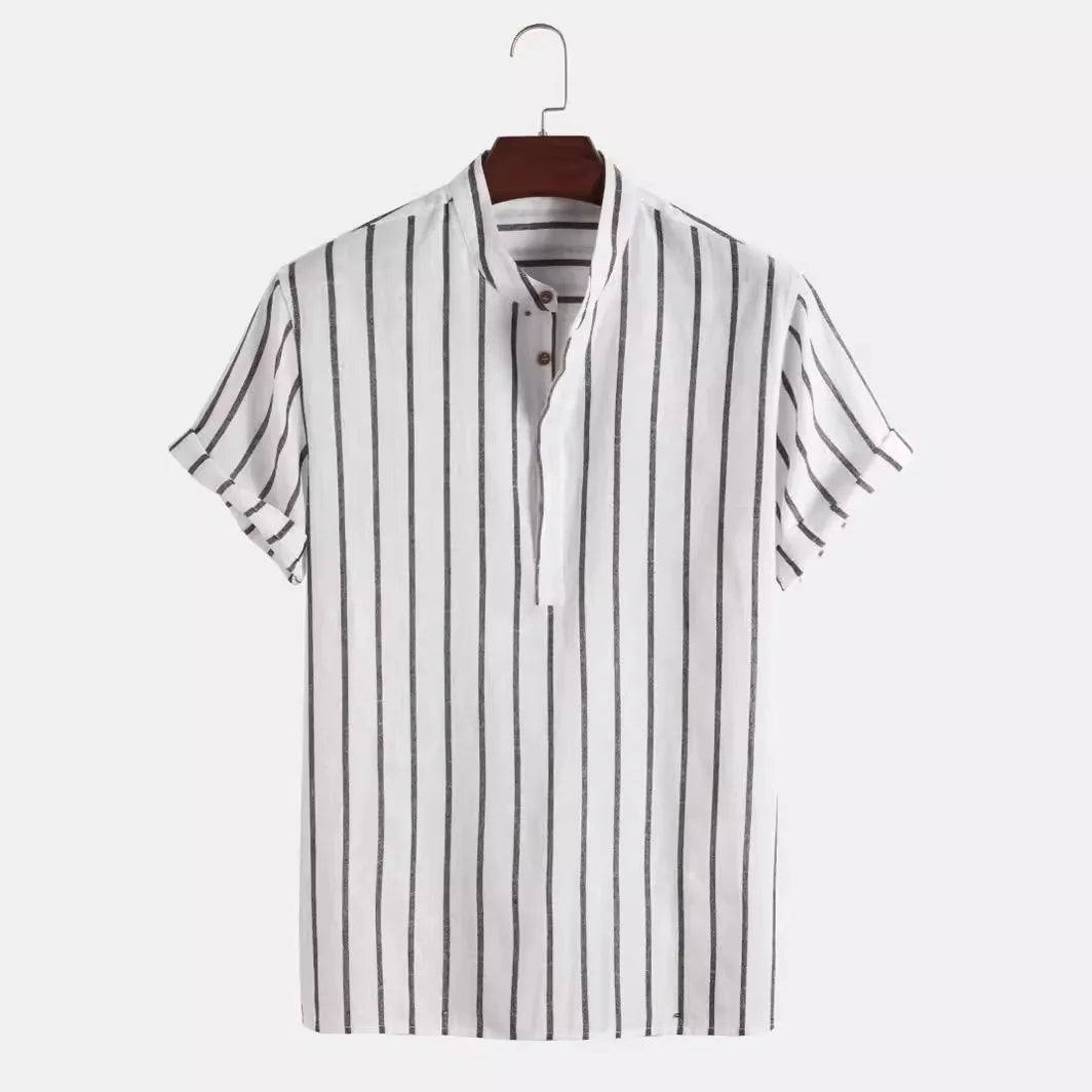Men Fashion Striped Shirt Short Sleeve Casual Linen Shirts Tops Male Formal Social t-Shirts Stand-Up Collar Shirts Man Clothes