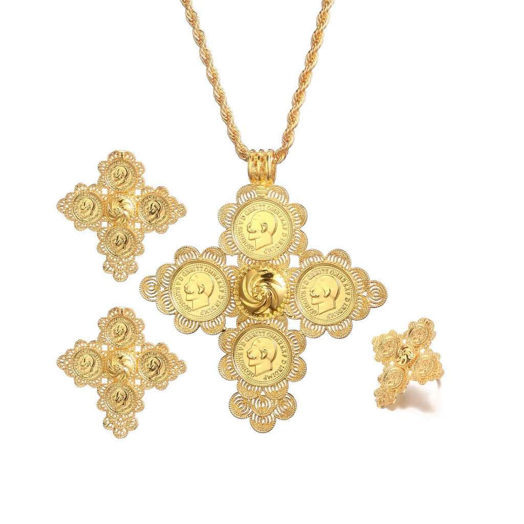 Ethiopian Necklace Earrings Ring African Bridal Jewellery Sets Habesha Eritrea Wedding Coin Jewelry