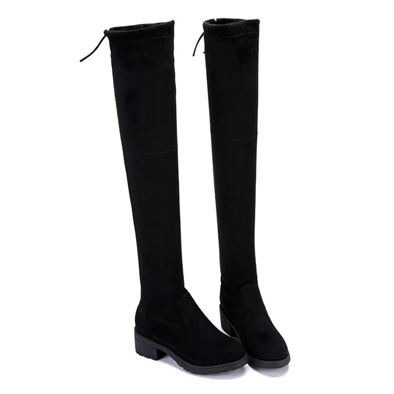 Fashion Women's Boots Black Over The Knee Boots Warm Suede Round Toe Boot Comfortable High Heels Slip on Platform shoes Botas