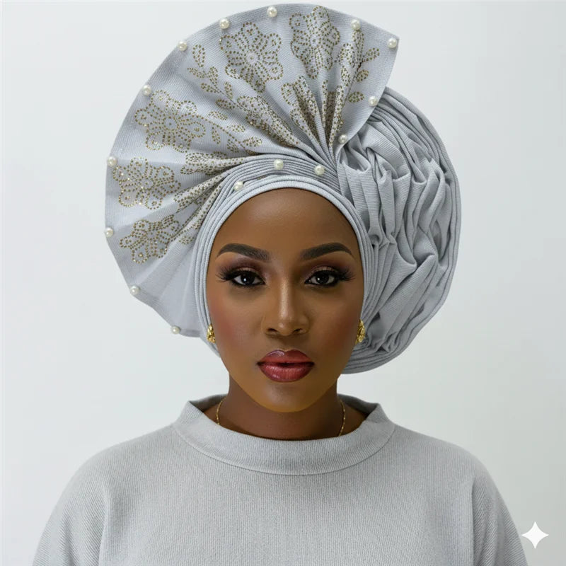 Nigerian gel headgear, with stone bead, already made auto, turban, afro aso ebi gel aso oke, wide brim headgear 7L111802