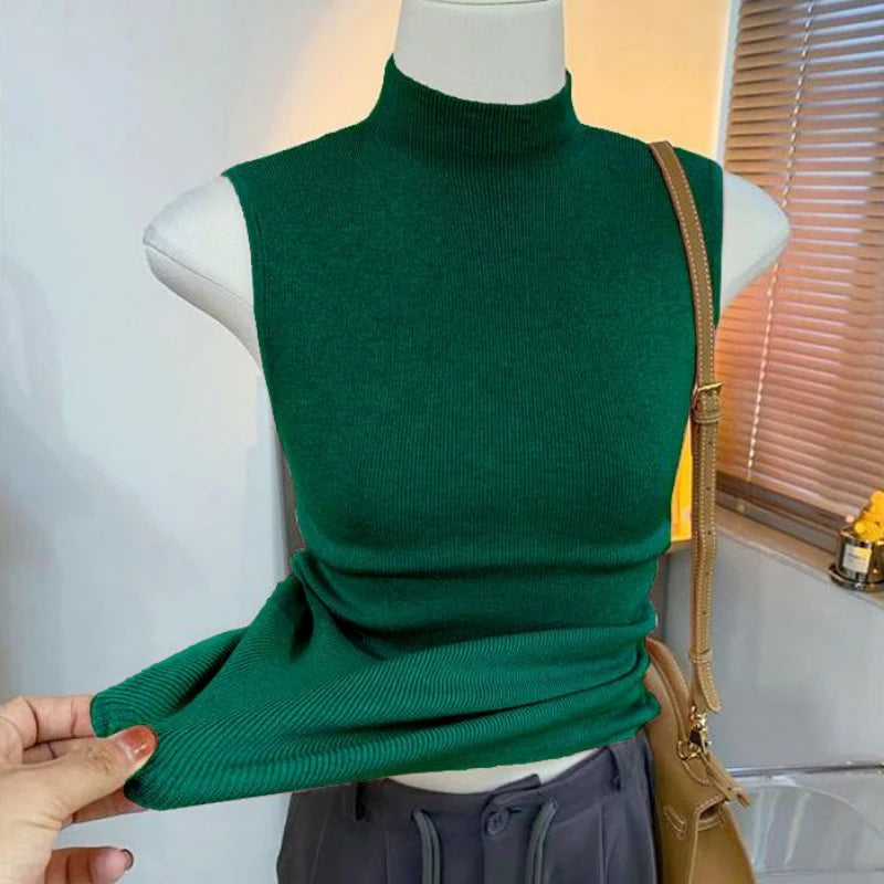 Sweater Vests Women Simple Half High Collar Fashion Autumn Basic Slim Sleeveless Sweaters All-match Ulzzang Leisure Knitting Ins