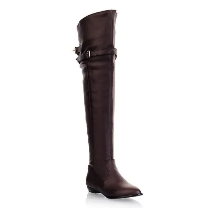 2024 Winter Elegant Women's Boot Over The Knee Street Style Knight 2.5CM New Belt Buckle Knee High Flat Knight Boots Women Shoes