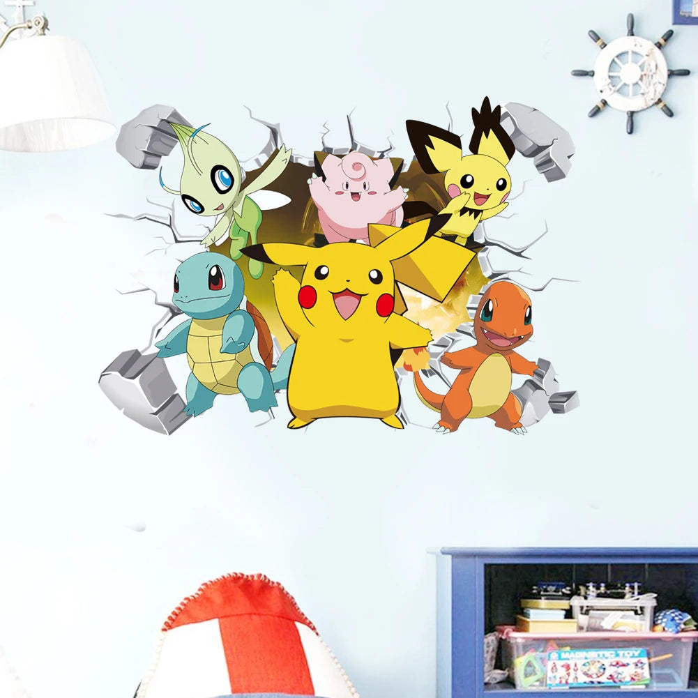 Potdemiel Cartoon Pikachu Wall Stickers For Kid's Room Kindergarten Living Room Bedroom DIY Wall Decoration Poster Bedroom Decor