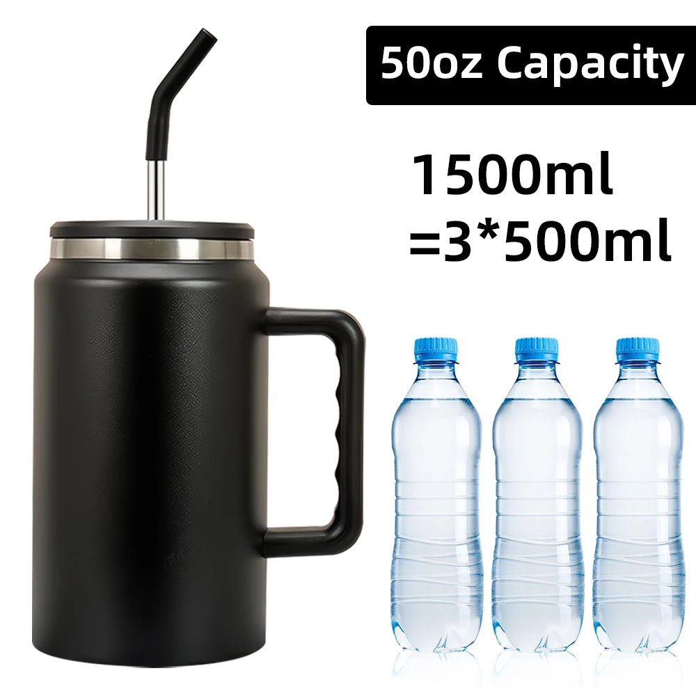 1500ML Thermos Bottle Stainless Steel Tumbler Vacuum Insulated Coffee Cup With Handle and Straw Leak proof Travel Coffee Mug