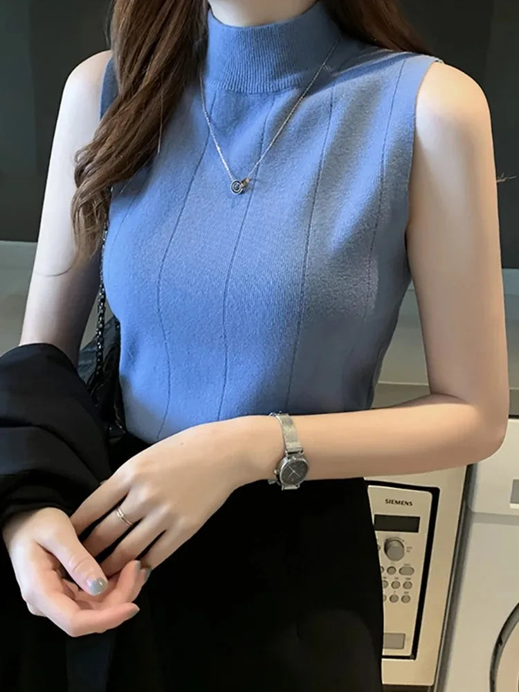 Spring Women Knitted Green Tank Tops Women Thin Tops Basic Casual Tank Tops O-neck Tees Sleeveless Tops For Women