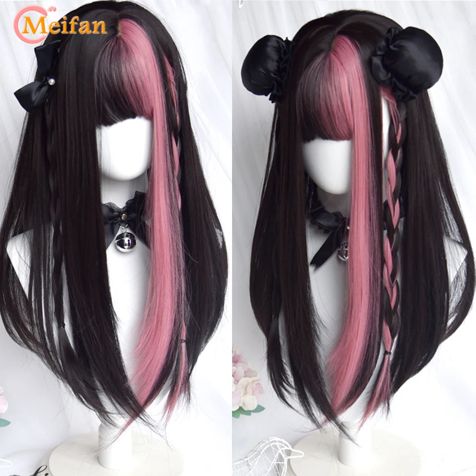 MEIFAN Synthetic Long Straight Lolita Wig with Bang Red Ombre Black Cosplay Party Halloween Christmas Wavy Curly Harajuku Wig