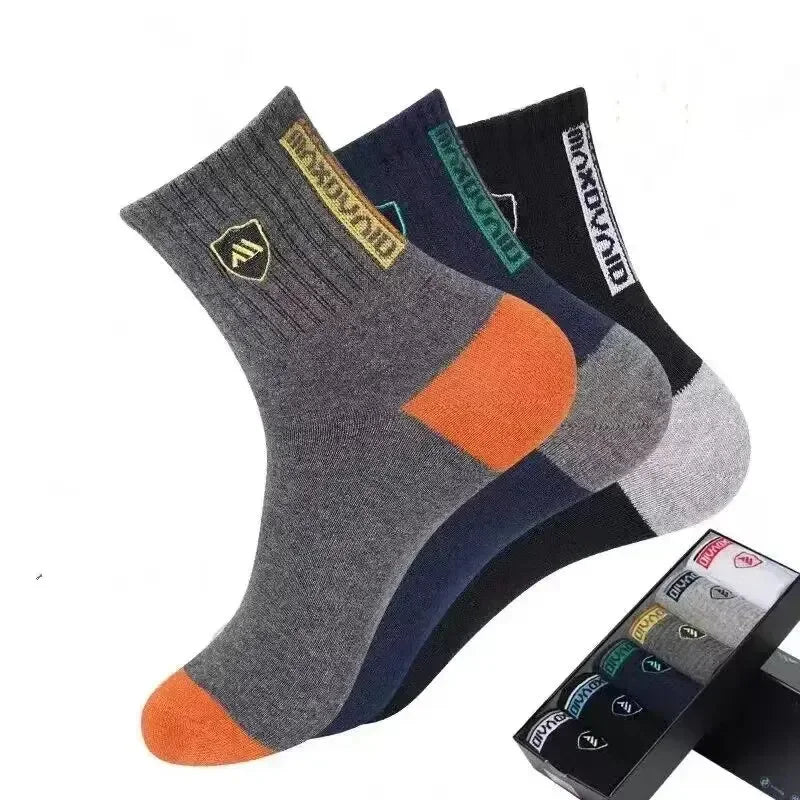 5 Pairs Men's Mid-Calf Socks Cotton Breathable Warm Sports Socks Autumn Winter Sweat-Absorbing Long Casual Trendy Style