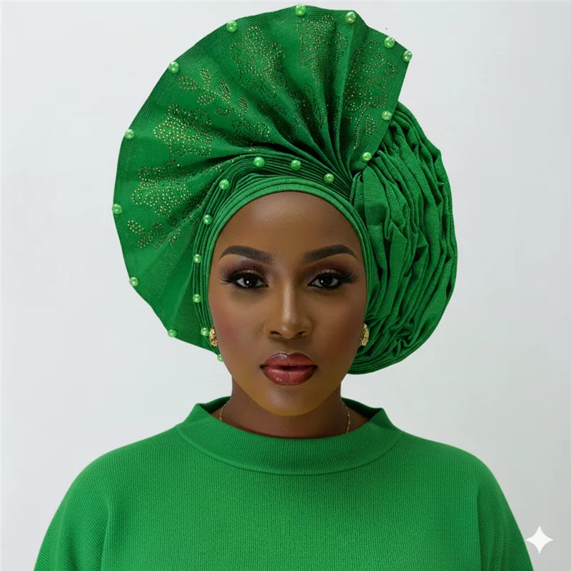 Nigerian gel headgear, with stone bead, already made auto, turban, afro aso ebi gel aso oke, wide brim headgear 7L111802
