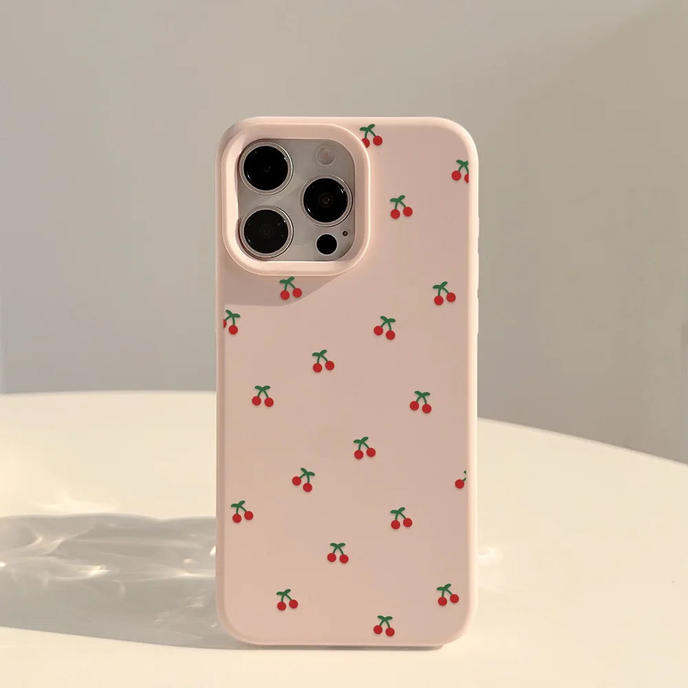 Cute Cartoon Cherry Pattern Phone Case For iPhone 17 16 15 14 13 12 11 Pro Max Plus Silicone Shockproof Cases Cover