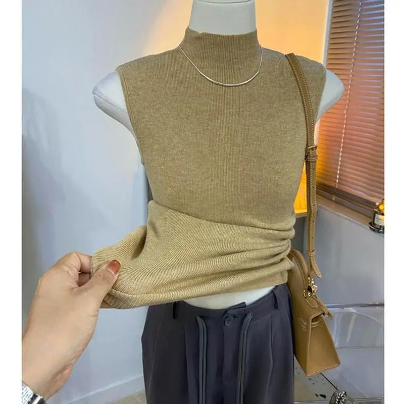 Sweater Vests Women Simple Half High Collar Fashion Autumn Basic Slim Sleeveless Sweaters All-match Ulzzang Leisure Knitting Ins