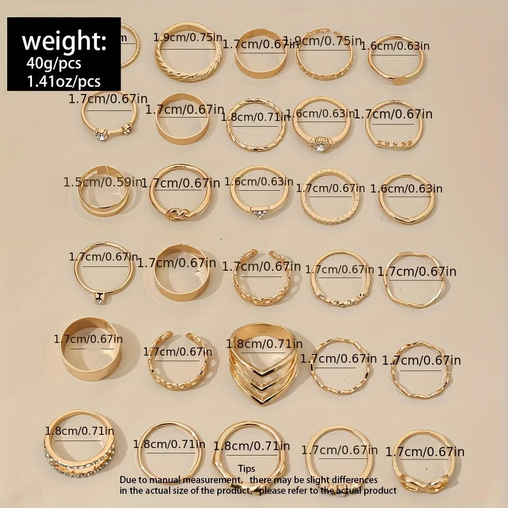 30pcs/set Elegant Stackable Rings Set With Shiny Rhinestone Inlaid, Fashion Infinity Knot Design, Vacation Style Perfect Stylish