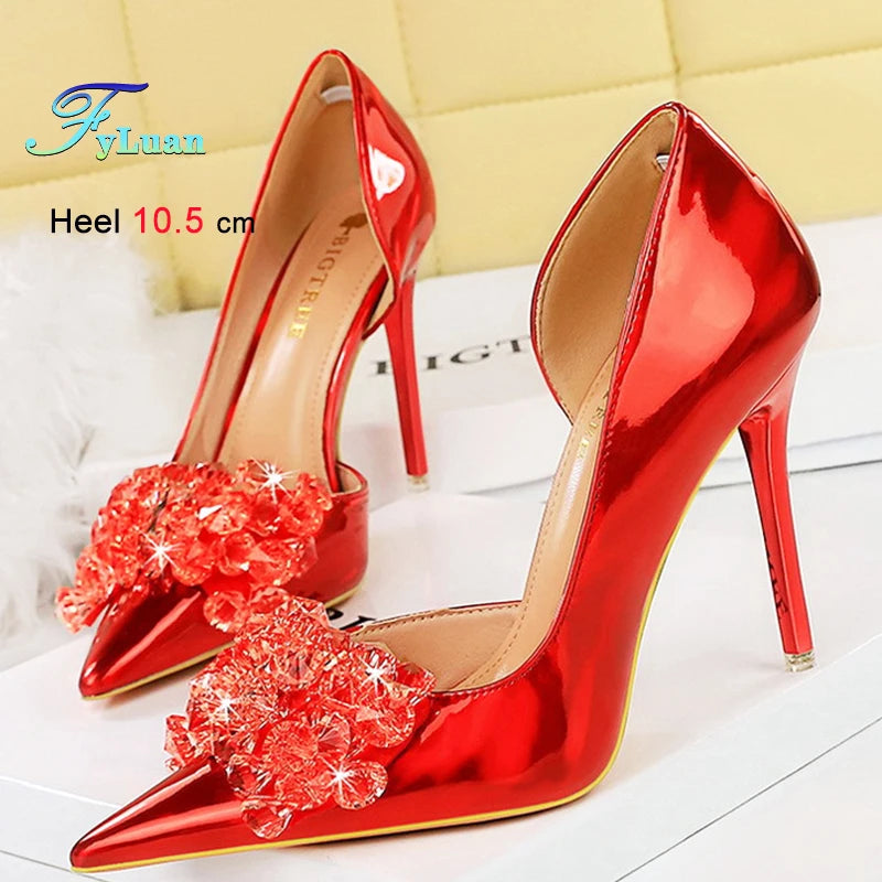 Blue Green Red Heels 10.5cm Women's Shoes Side Hollowed Out Heels Shallow Mouth Lady Pumps Rhinestone Bow Stiletto Banquet Shoes