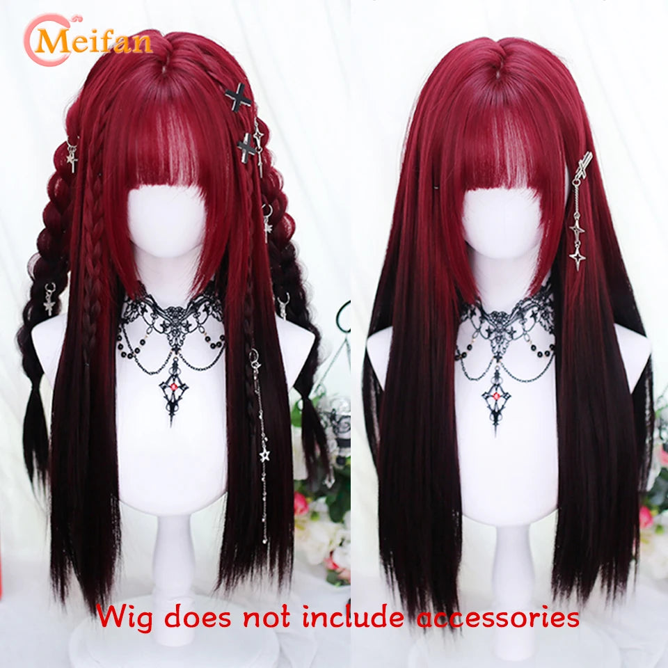 MEIFAN Synthetic Long Straight Lolita Wig with Bang Red Ombre Black Cosplay Party Halloween Christmas Wavy Curly Harajuku Wig