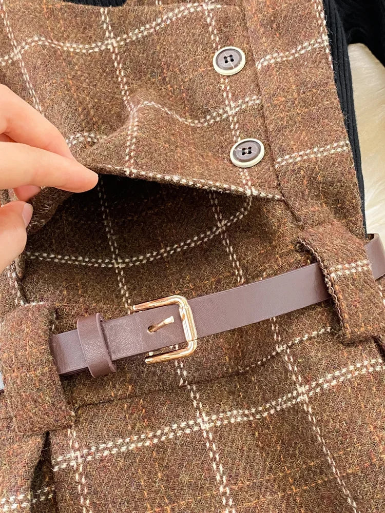 High Quality Fall Winter Women Sweater Overalls Dress Sets Casual Knitted Tops +Plaid Woolen Dress 2 Piece Sets Outfits Female