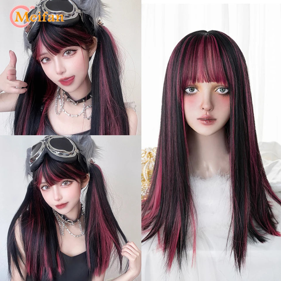 MEIFAN Synthetic Long Straight Lolita Wig with Bang Red Ombre Black Cosplay Party Halloween Christmas Wavy Curly Harajuku Wig
