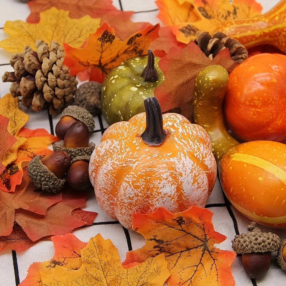 50Pcs Thanksgiving Artificial Pumpkins Set with Leaf Acorns Pine Cones for Autumn Festival Halloween Home Table Decoration