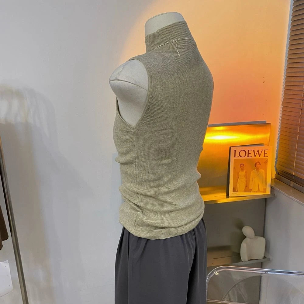 Sweater Vests Women Simple Half High Collar Fashion Autumn Basic Slim Sleeveless Sweaters All-match Ulzzang Leisure Knitting Ins