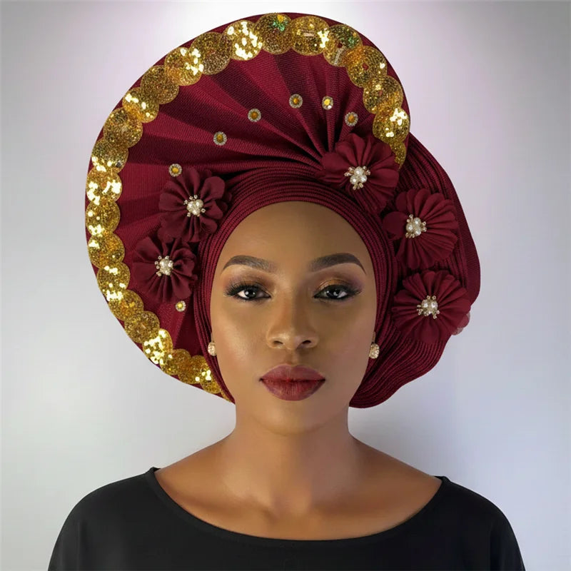 Nigerian gel headgear, with stone bead, already made auto, turban, afro aso ebi gel aso oke, wide brim headgear 7L111802
