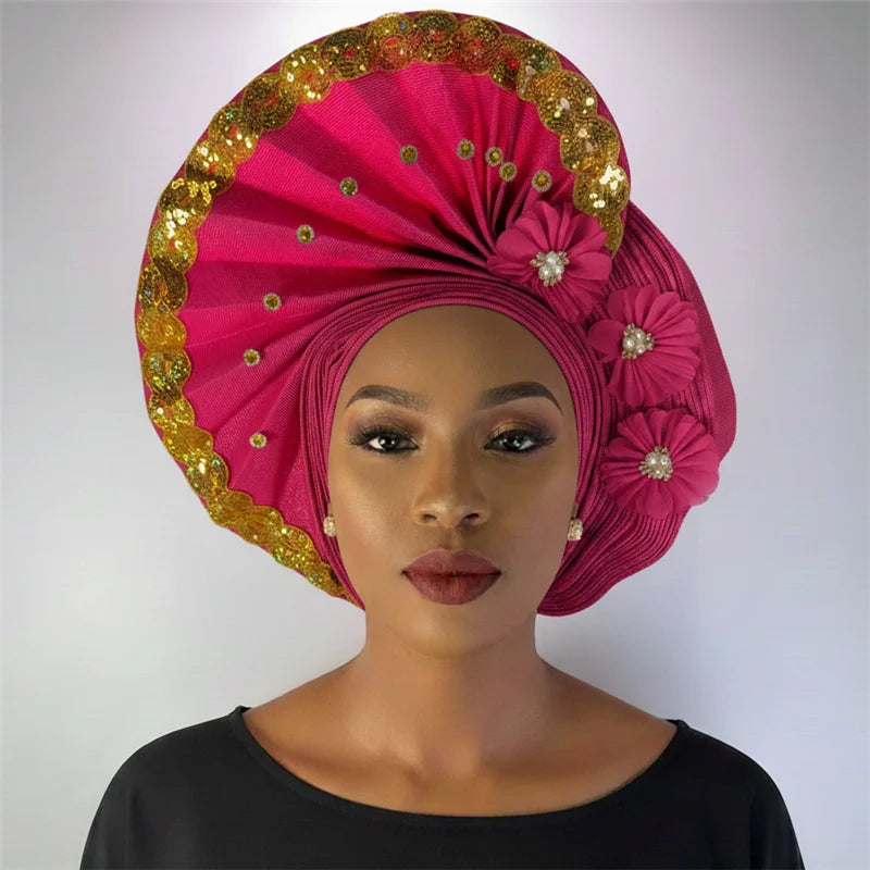 Nigerian gel headgear, with stone bead, already made auto, turban, afro aso ebi gel aso oke, wide brim headgear 7L111802