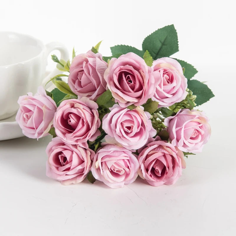 10 Heads Artificial Flowers Scrapbooking Silk Roses Christmas Wedding Party Bouquet Household Products Vases for Home Decoration