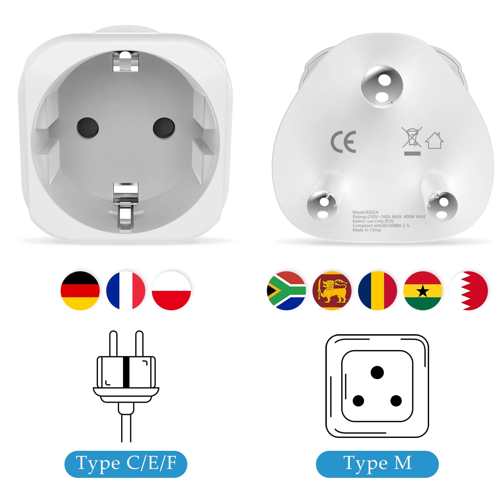 2PCS South Africa Travel Adapter, EU to SA South Africa Plugs Adapter Type M Big Round Power Converter Lesotho Ghana Travel Plug