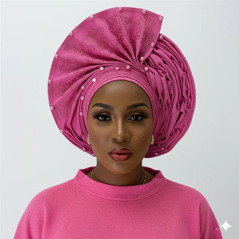 Nigerian gel headgear, with stone bead, already made auto, turban, afro aso ebi gel aso oke, wide brim headgear 7L111802