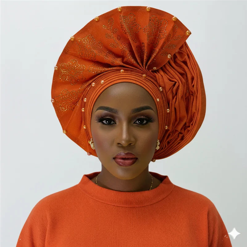Nigerian gel headgear, with stone bead, already made auto, turban, afro aso ebi gel aso oke, wide brim headgear 7L111802