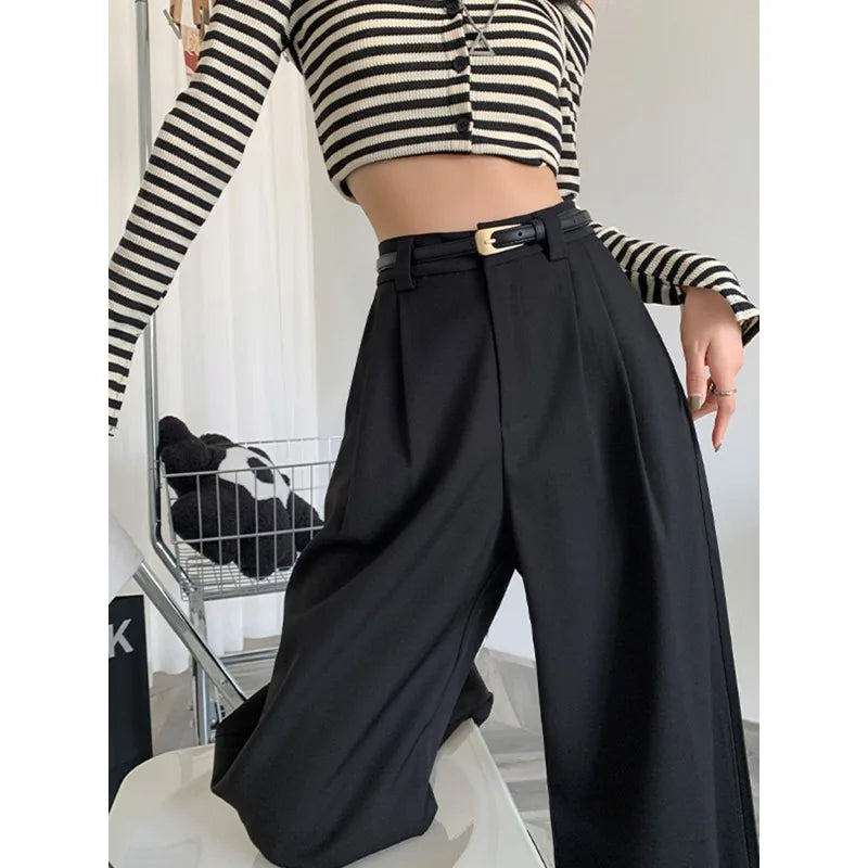 2024 Fall Winter Elegant Gray Suits Pants for Women Office Lady High Waist Wide Leg Fashion Trousers with Pockets Black Pants