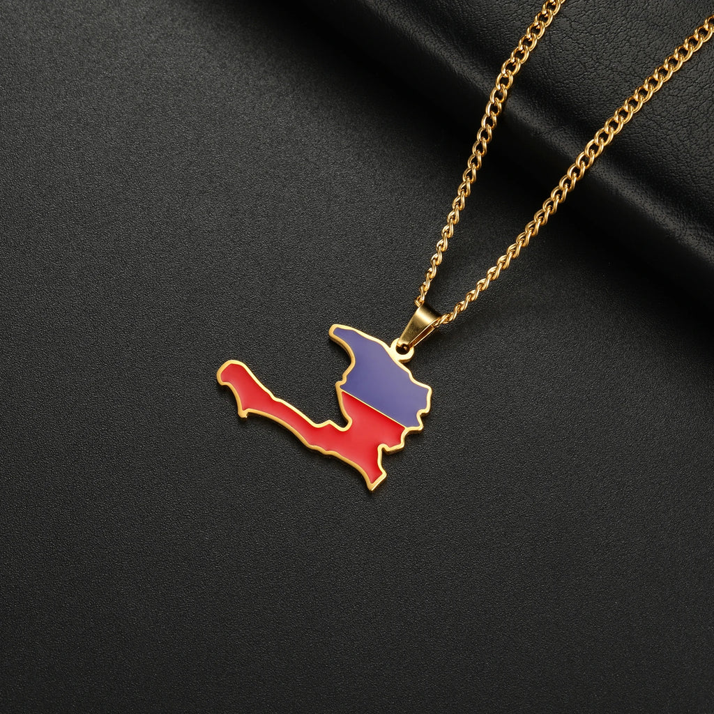 Haiti Map Color of the Haitian Flag Creative Design Pendant Necklace Women Men Stainless Steel Chain Jewelry Birthday Gift