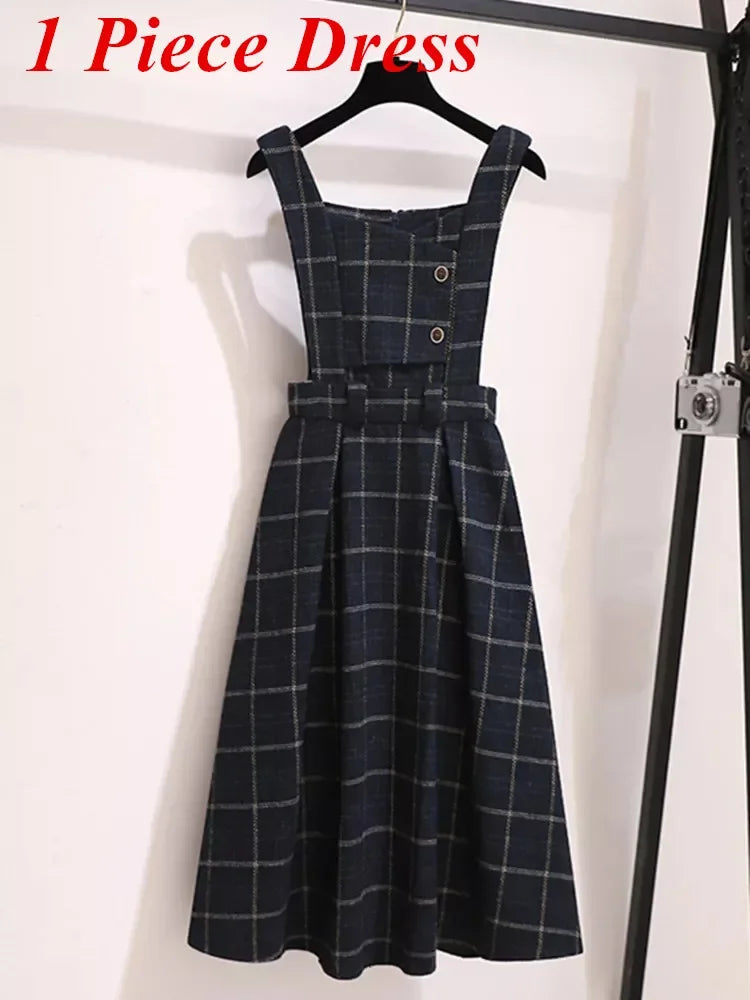 High Quality Fall Winter Women Sweater Overalls Dress Sets Casual Knitted Tops +Plaid Woolen Dress 2 Piece Sets Outfits Female