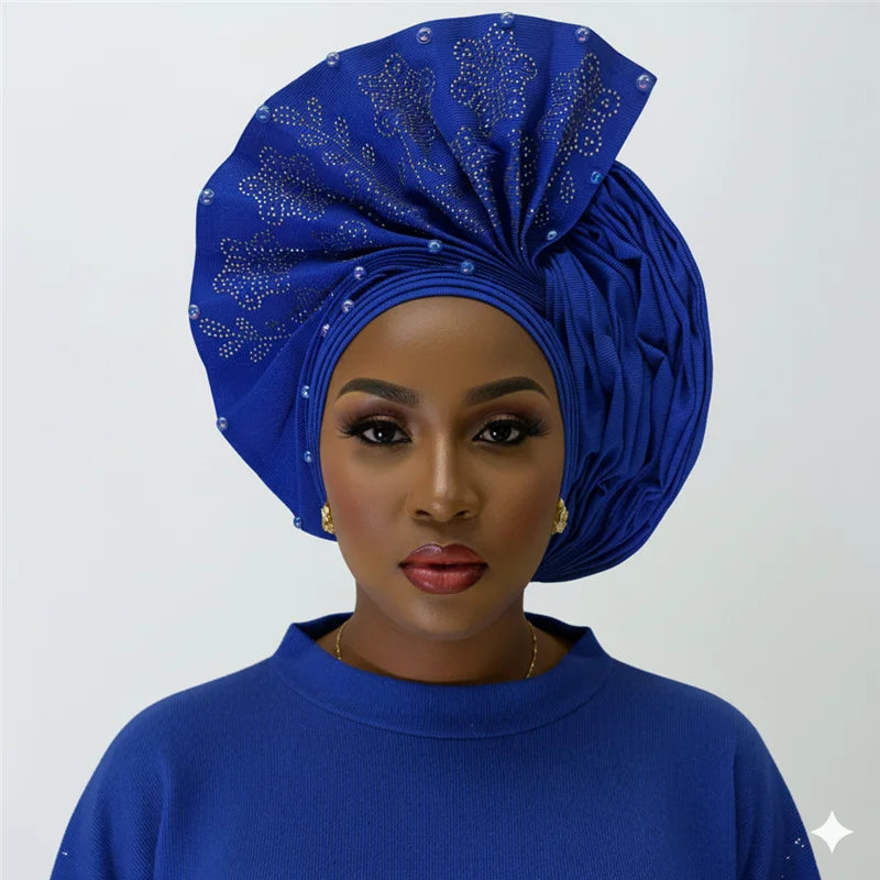 Nigerian gel headgear, with stone bead, already made auto, turban, afro aso ebi gel aso oke, wide brim headgear 7L111802