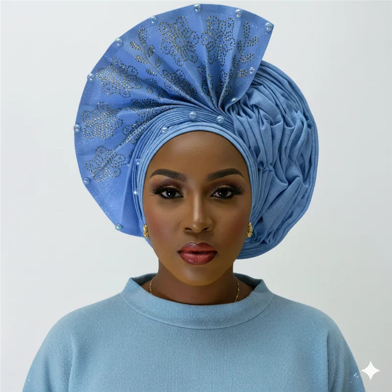 Nigerian gel headgear, with stone bead, already made auto, turban, afro aso ebi gel aso oke, wide brim headgear 7L111802