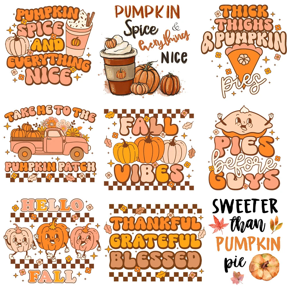 Retro Printing Thanksgiving Iron on Transfers Patches Pumpkin Autumn Heat Transfer Stickers for Clothes Heat Transfers Patches