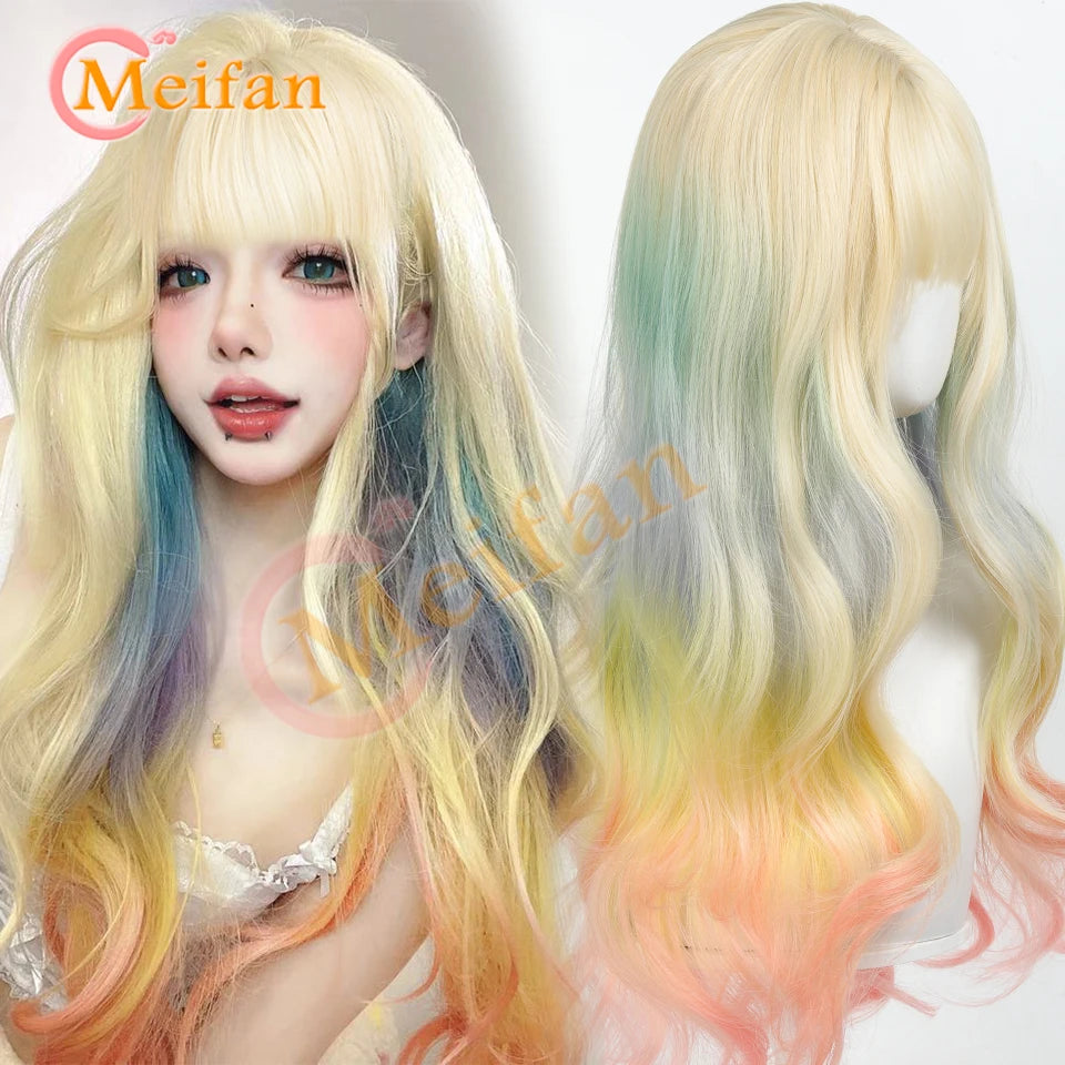 MEIFAN Synthetic Long Straight Lolita Wig with Bang Red Ombre Black Cosplay Party Halloween Christmas Wavy Curly Harajuku Wig