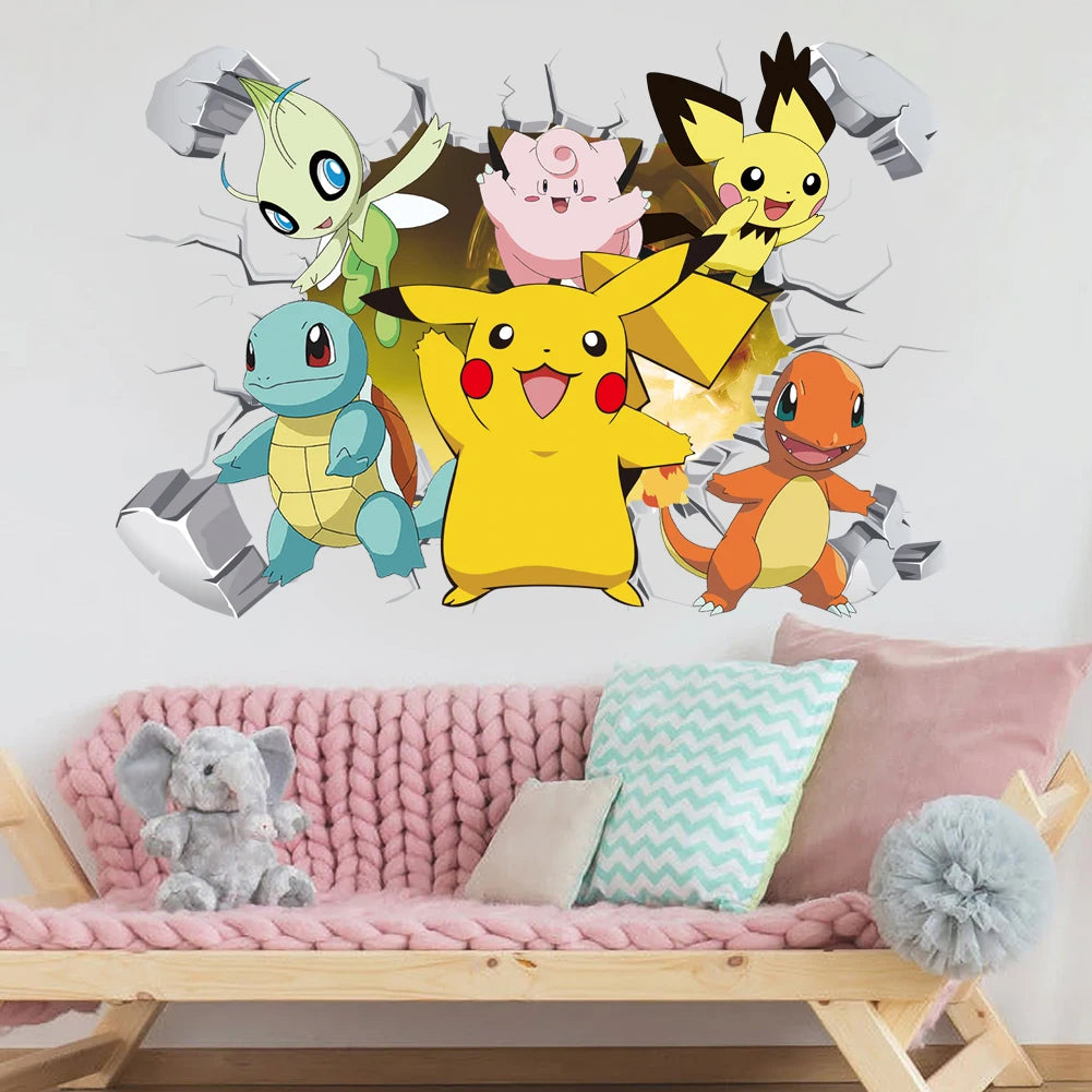 Potdemiel Cartoon Pikachu Wall Stickers For Kid's Room Kindergarten Living Room Bedroom DIY Wall Decoration Poster Bedroom Decor