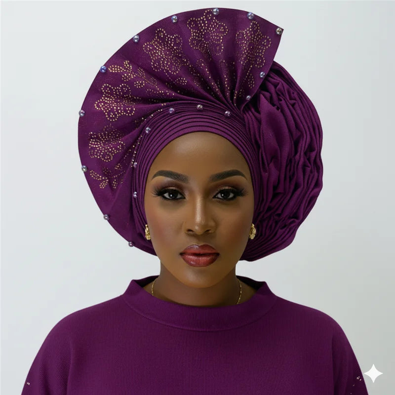 Nigerian gel headgear, with stone bead, already made auto, turban, afro aso ebi gel aso oke, wide brim headgear 7L111802