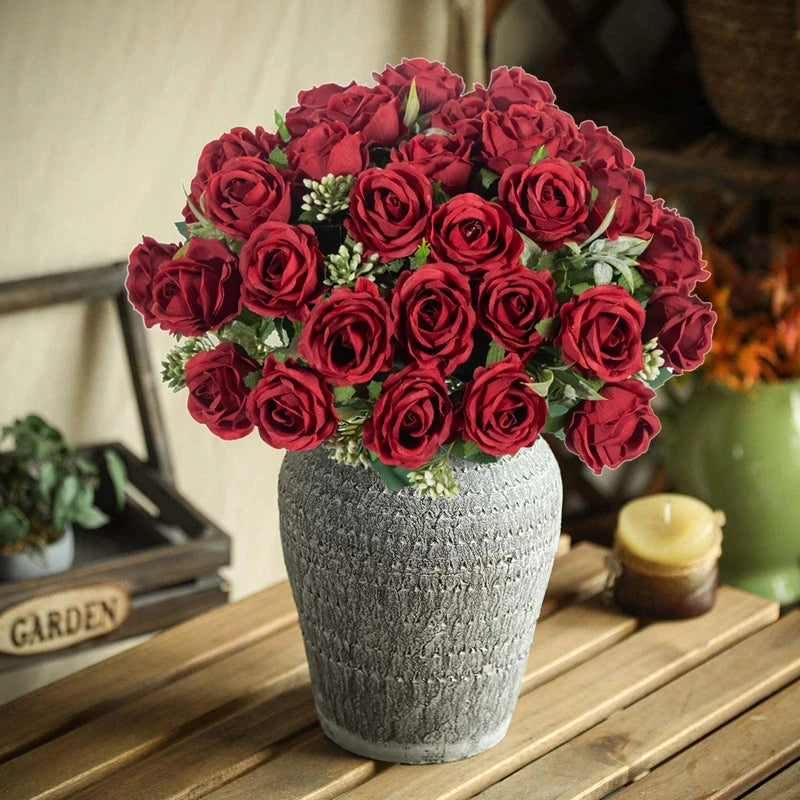 10 Heads Artificial Flowers Scrapbooking Silk Roses Christmas Wedding Party Bouquet Household Products Vases for Home Decoration