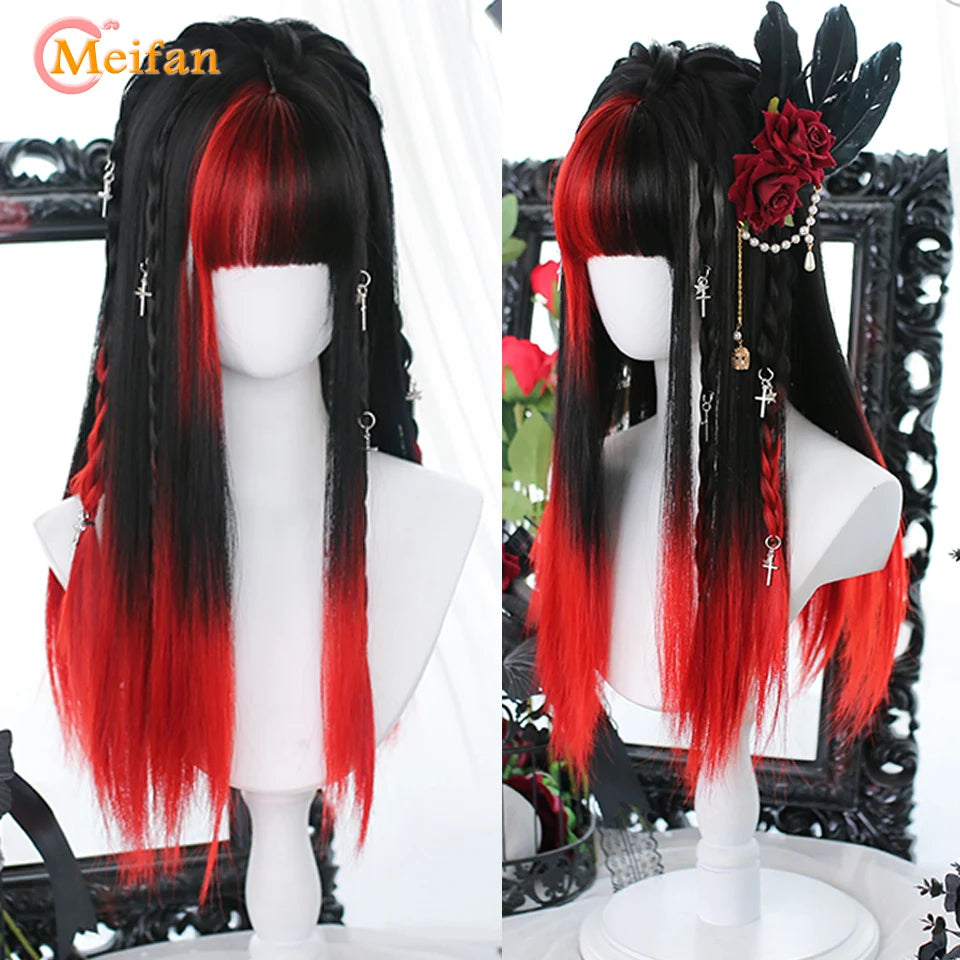 MEIFAN Synthetic Long Straight Lolita Wig with Bang Red Ombre Black Cosplay Party Halloween Christmas Wavy Curly Harajuku Wig