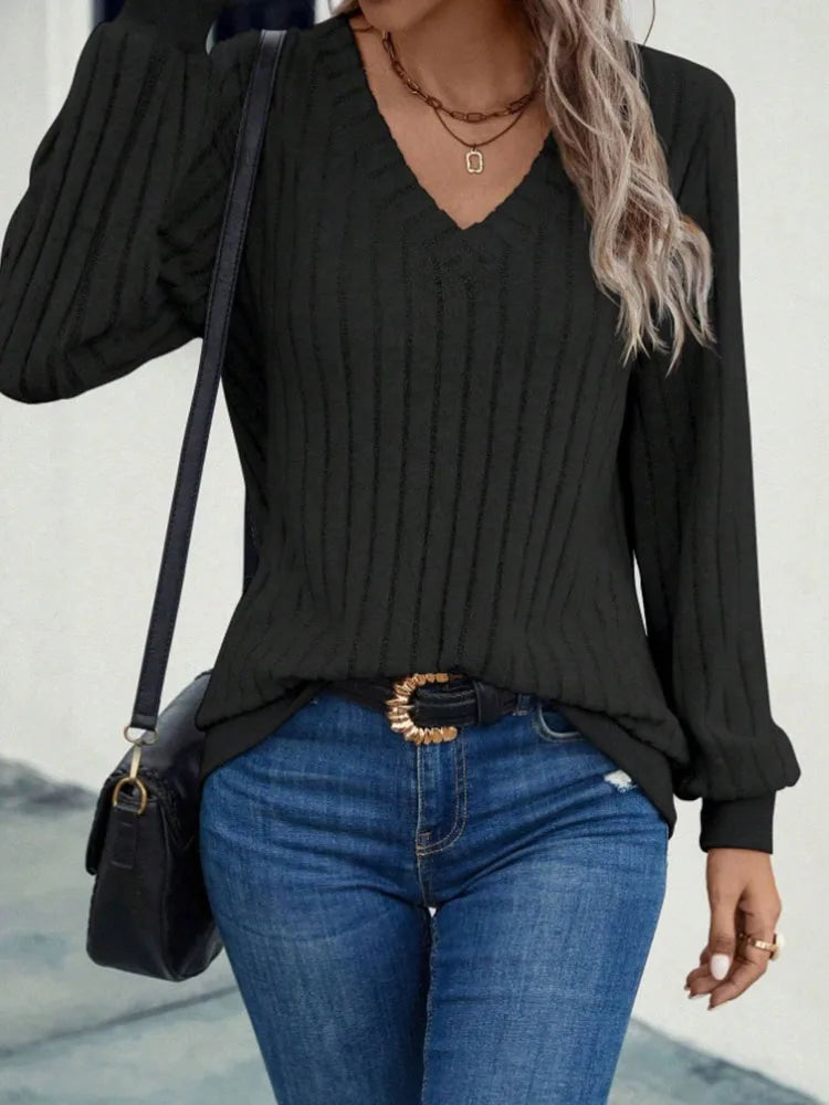 Sweater fashion with spring new women's V-neck knitted wool pit strip solid color long sleeve top