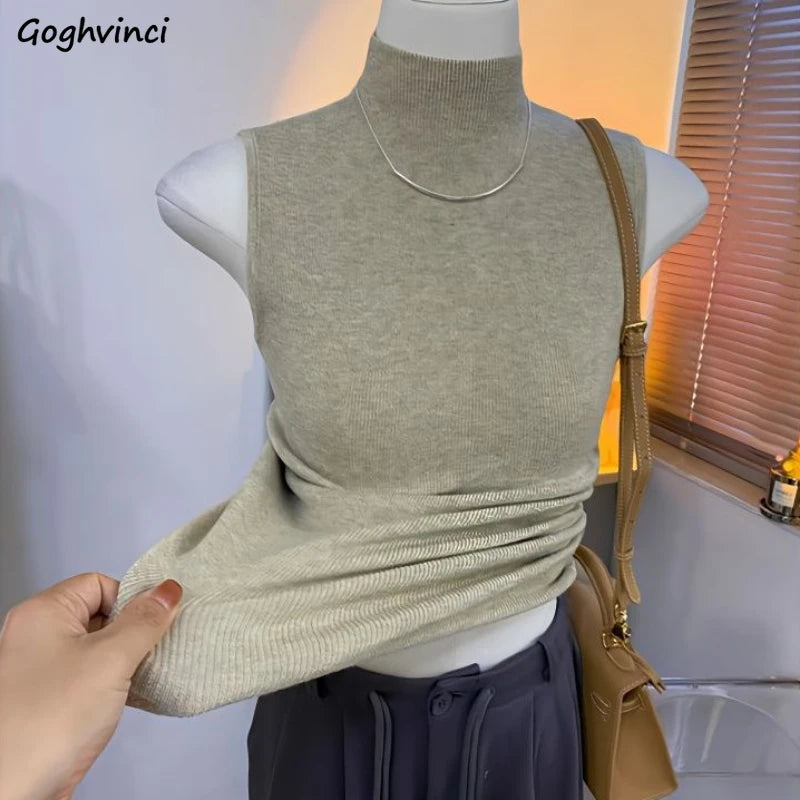 Sweater Vests Women Simple Half High Collar Fashion Autumn Basic Slim Sleeveless Sweaters All-match Ulzzang Leisure Knitting Ins