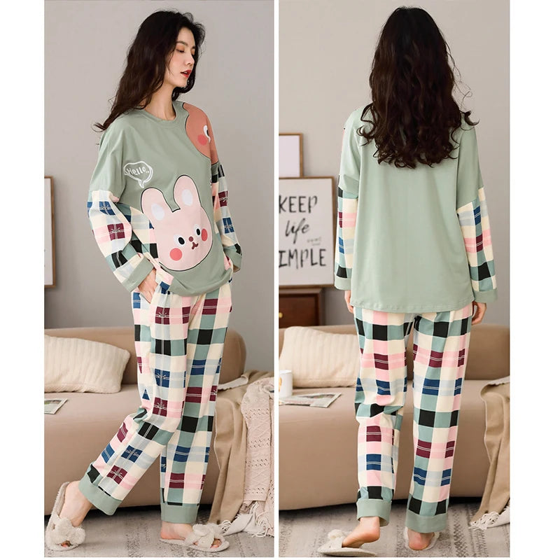Fall and Winter Women's Suit Pajamas Long-Sleeved Long Pants Homewear Two-Piece Set Ladies Cartoon Pattern Sleepwear Loungewear