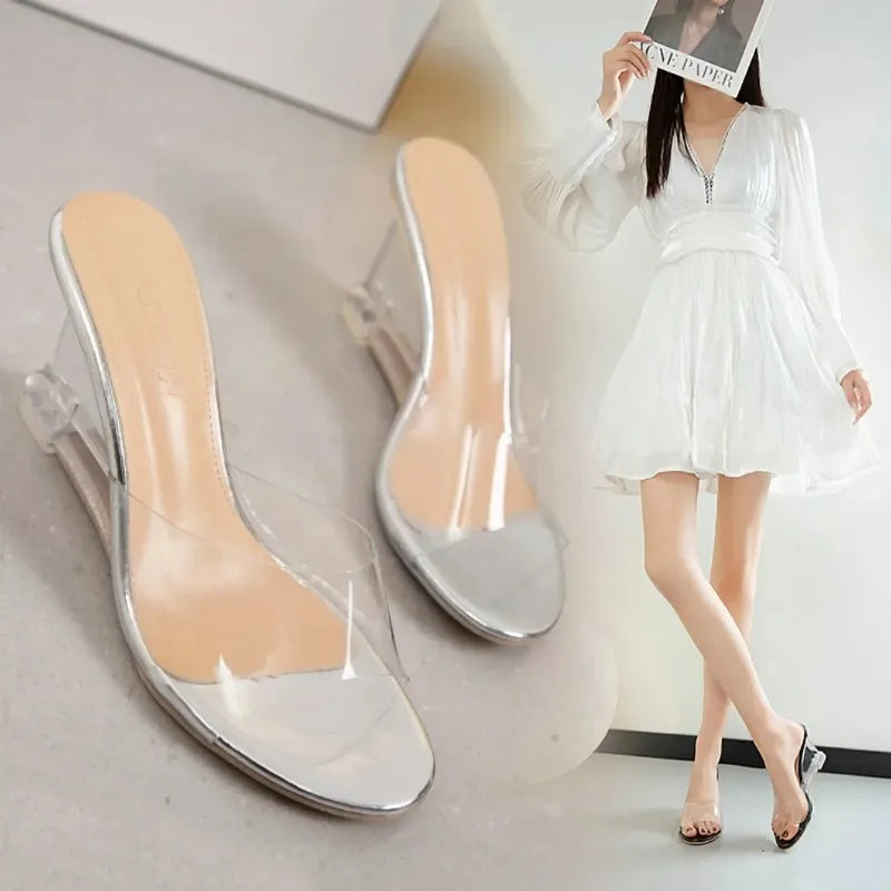 2025Shoes for Women Summer New Fashion Slip-on  High Heels Crystal Wedge  Female Peep Toe Casual   Slippers