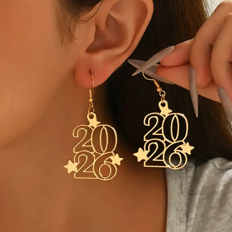 2026 New Year Digital Earrings Fashion Elegant Stars Geometric Earrings New Year Party Jewelry, Birthday & Anniversary Gifts
