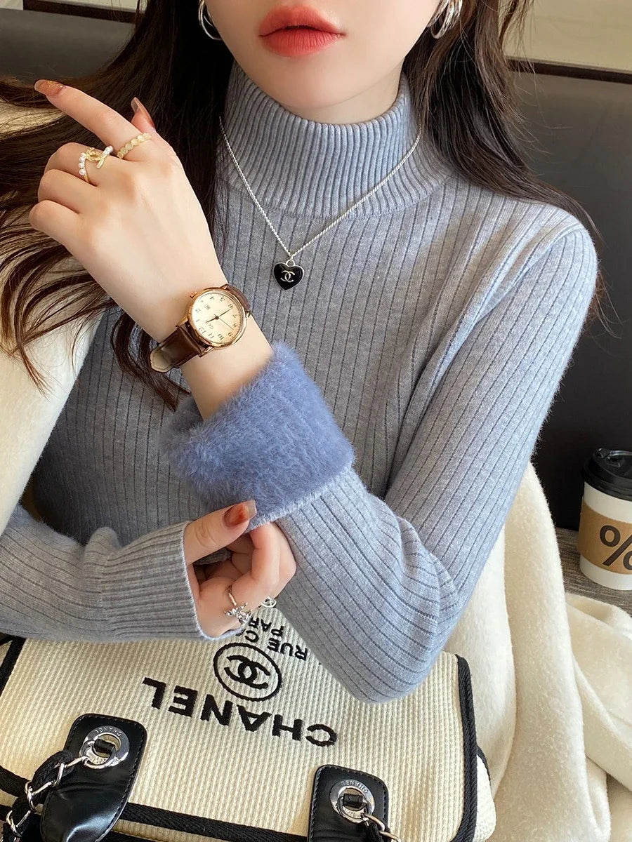 Sweater For Women Winter Thicken Turtleneck Slim Knit Pullover New Warm Plush Velvet Lined Knitwear Jumper Tops Casual Poleras