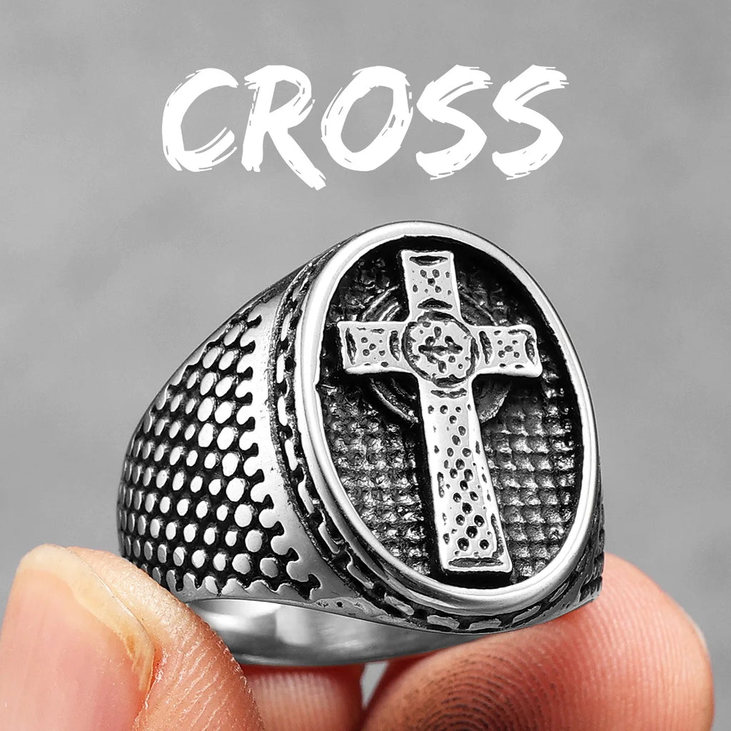 Christian Cross Black Religon Men Rings Stainless Steel Punk Cool Stuff Fashion Accessories Jewelry For Women Gift Wholesale