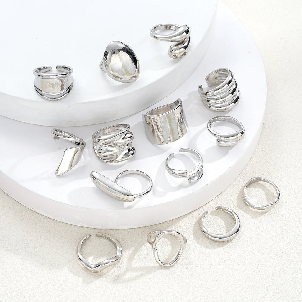 14 Piece Simple Luxury Ring Set for Women Fashion Smooth Wide Face Irregular Geometric Rings Daily Party Wear Jewelry Gifts New