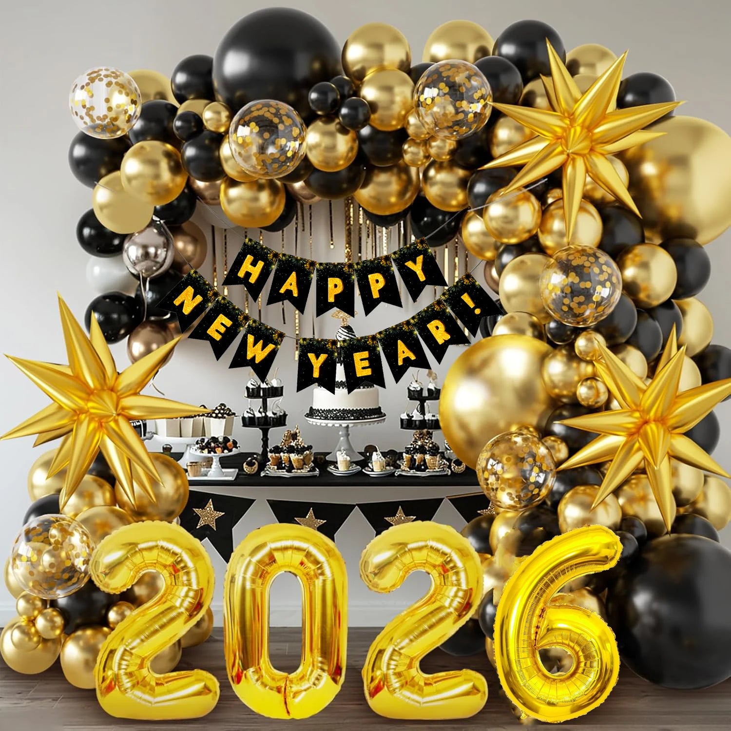 121Pcs 2026 NYE Balloon Arch Kit - Black Gold Balloons & Banner for New Year Party Decorations
