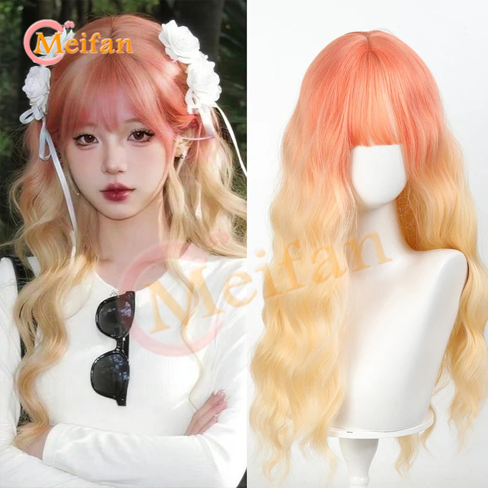 MEIFAN Synthetic Long Straight Lolita Wig with Bang Red Ombre Black Cosplay Party Halloween Christmas Wavy Curly Harajuku Wig